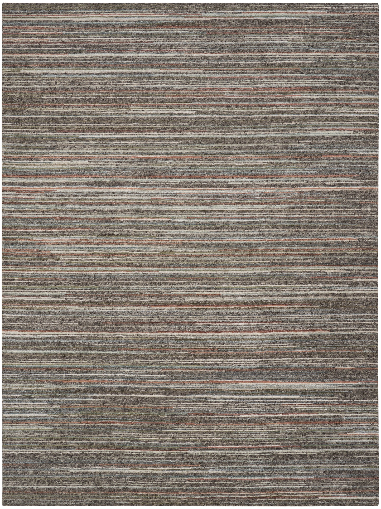 Rectangular woven rug with fine horizontal stripes in muted browns, grays, beige, rust & olive.