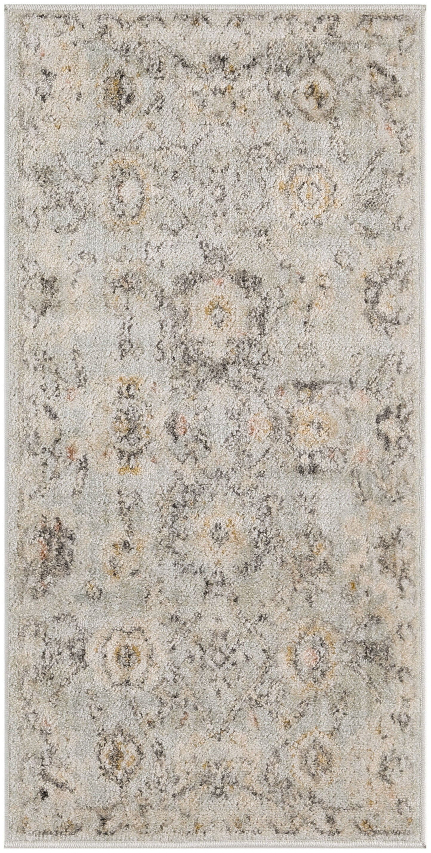 Muted ivory-gray rug with a distressed floral medallion pattern and subtle gold accents.