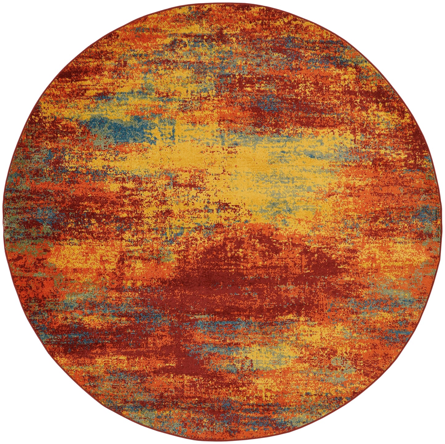Round rug with abstract, distressed multicolor pattern in orange, red, yellow, teal & blue.