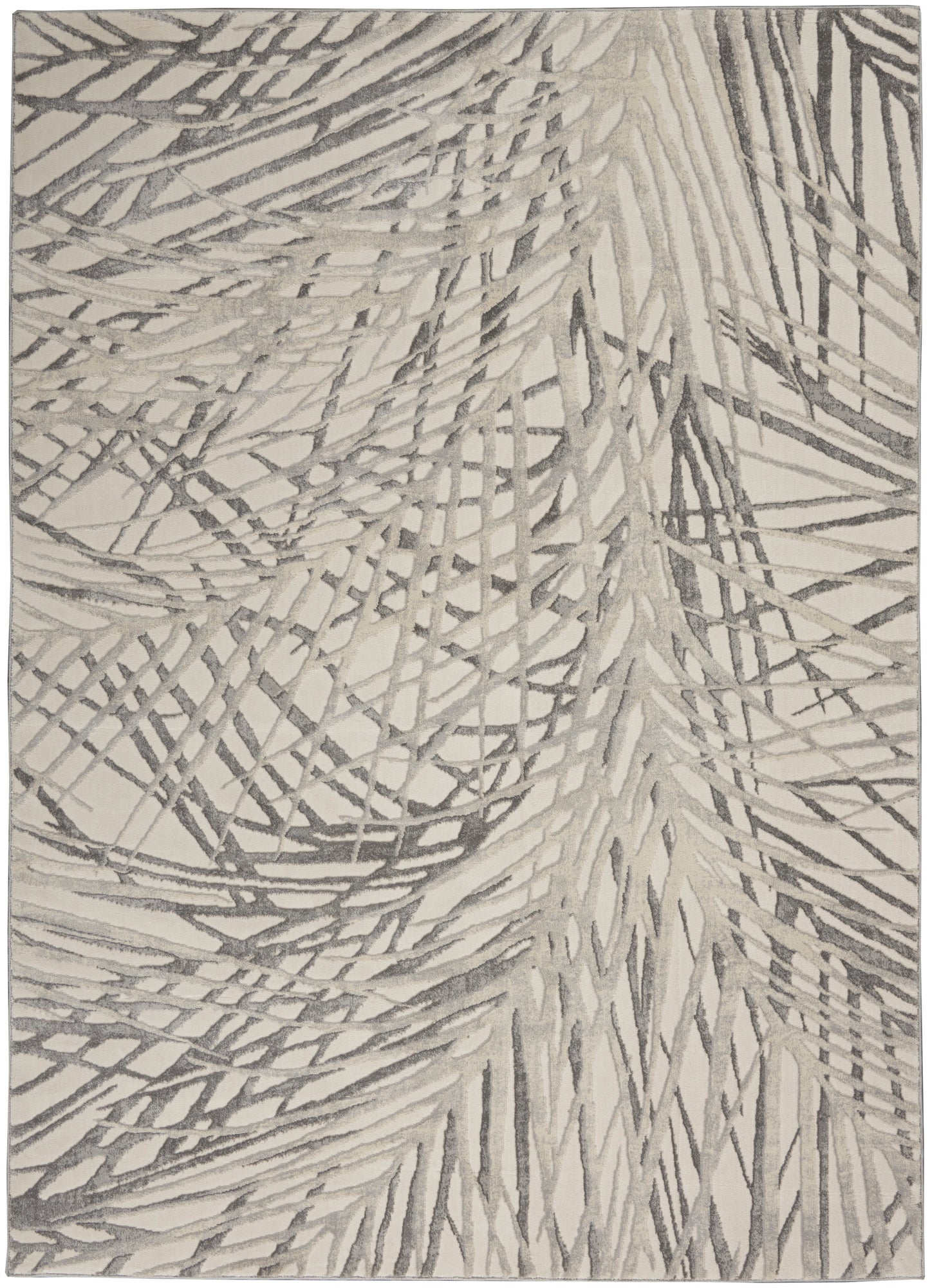 Abstract gray-beige area rug with sweeping curved lines and layered linear pattern in taupe tones.