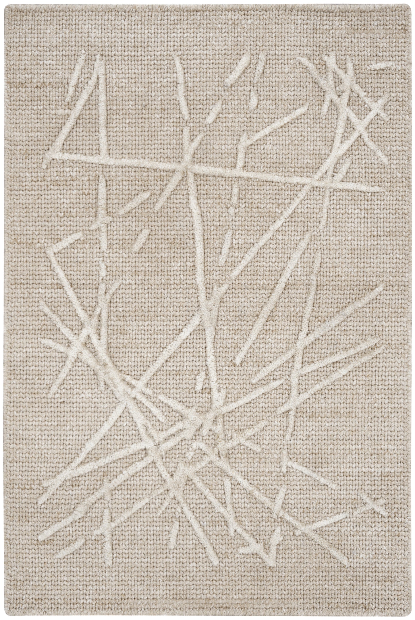Beige woven rug with a raised white abstract linear pattern across the surface.
