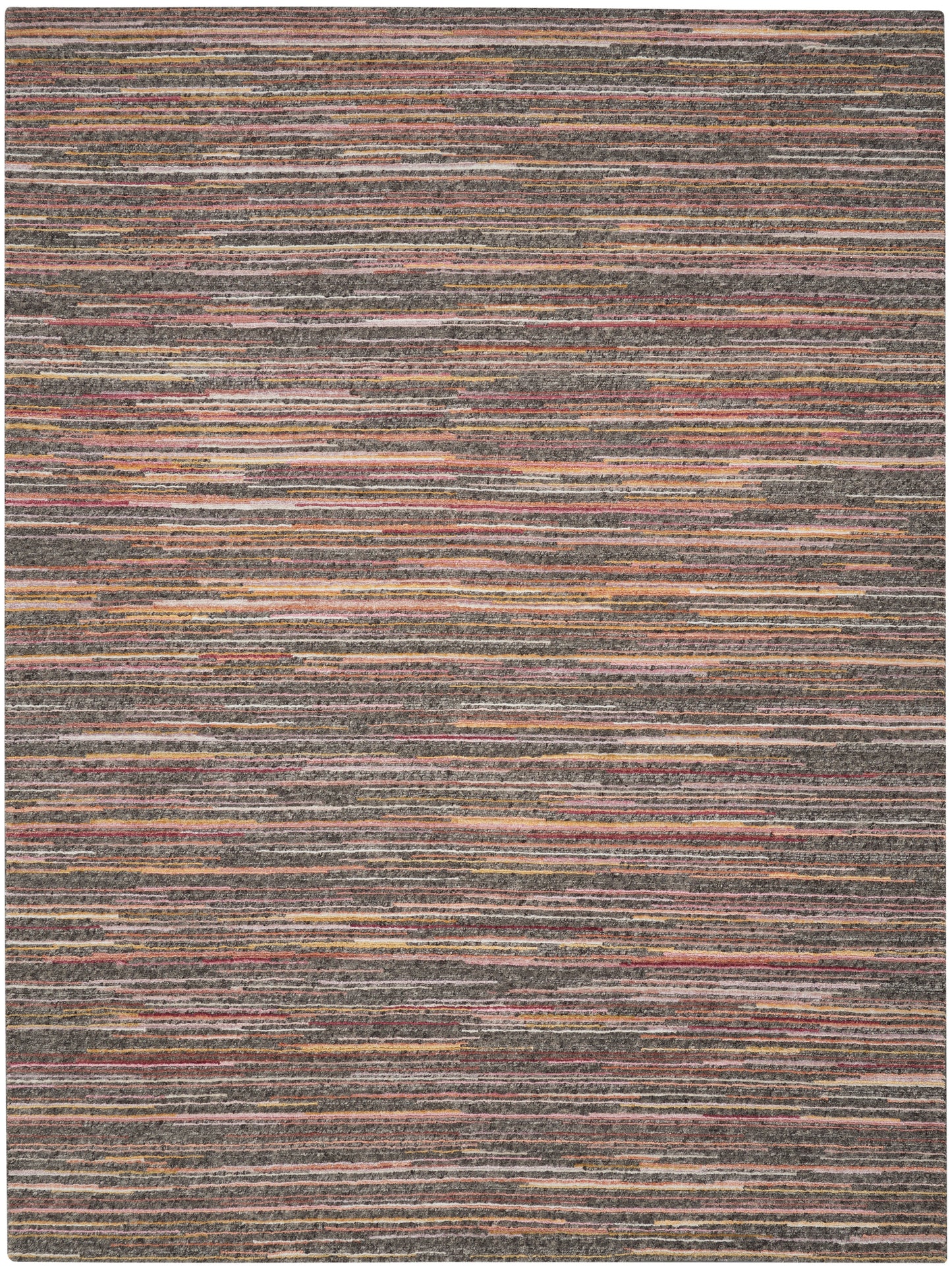 Rectangular rug with thin horizontal stripes in gray, brown, orange, and red; woven textured surface for living room decor.