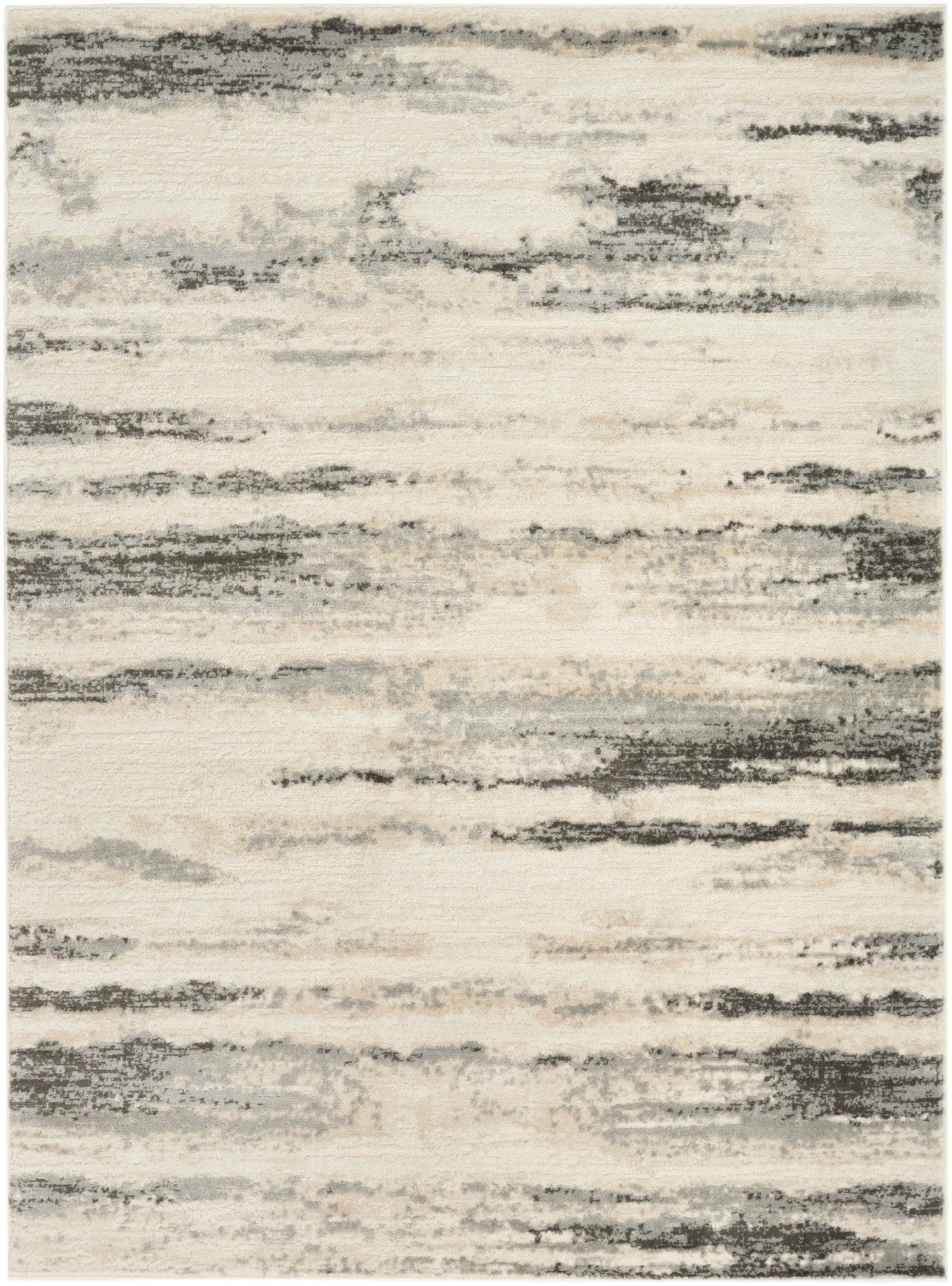 Abstract cream and gray area rug with brushed horizontal streaks; modern, neutral decor for living room.