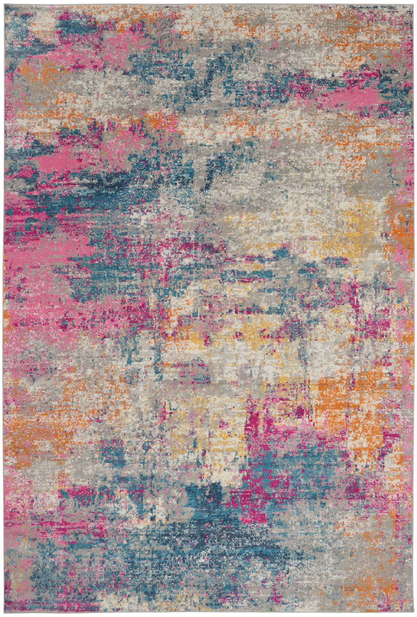 Rectangular modern abstract area rug with pink, teal, orange, yellow and gray blotches.