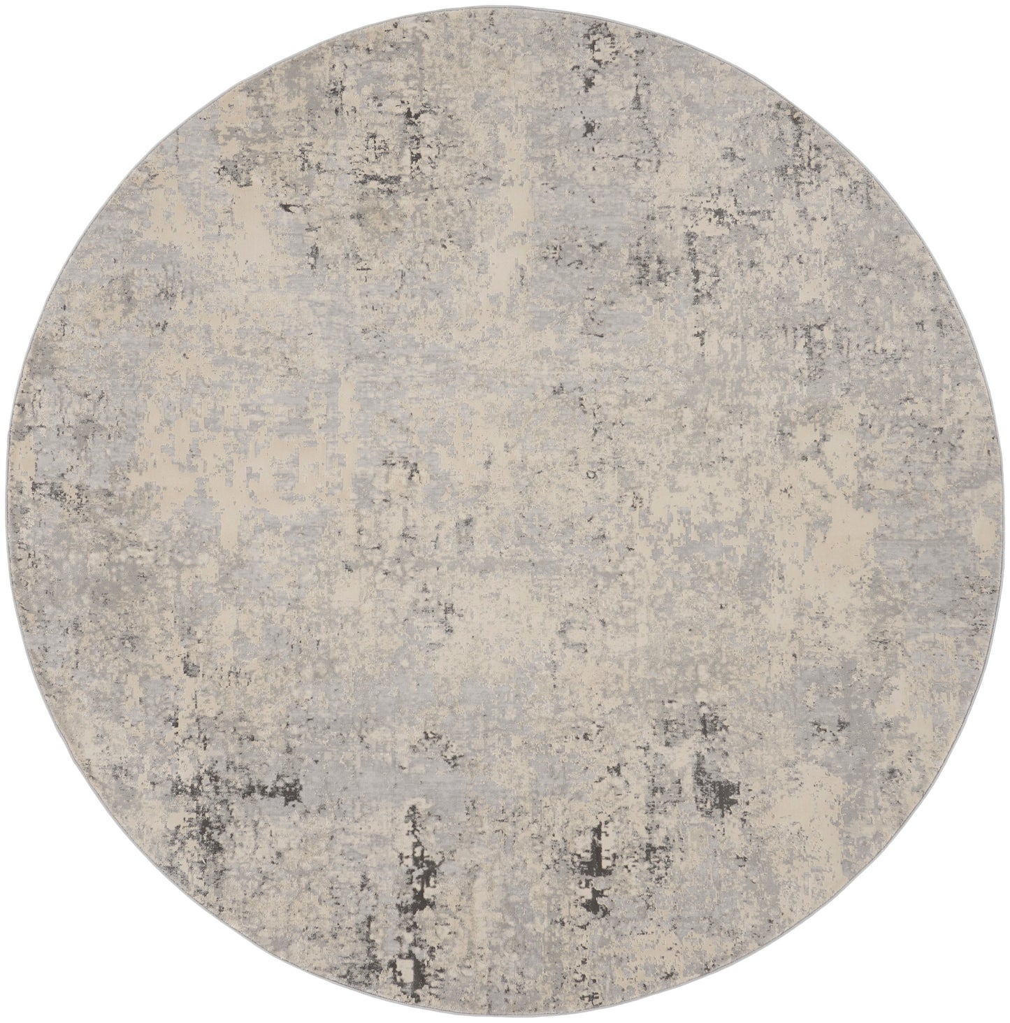 Round beige & gray distressed area rug with abstract pattern.