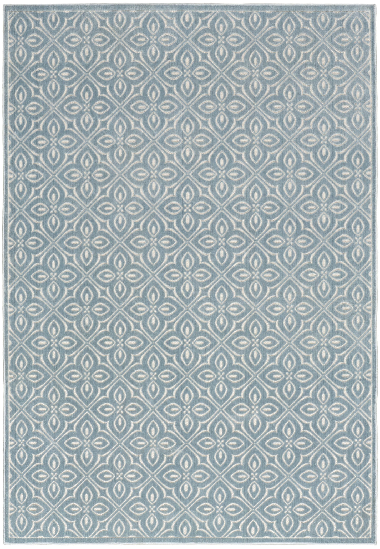 Grey-blue rug with repeating white geometric trellis of diamond/eye shapes; modern coastal style.
