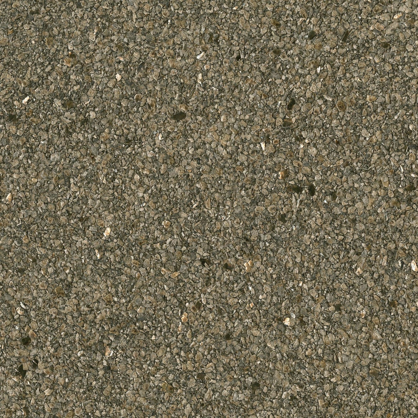 Gray-brown asphalt with coarse gravel aggregate and gritty road-surface texture.
