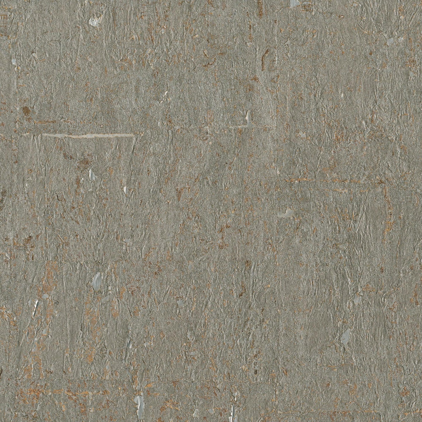 Gray concrete-textured wallpaper with orange rust speckles and a rough, weathered finish.
