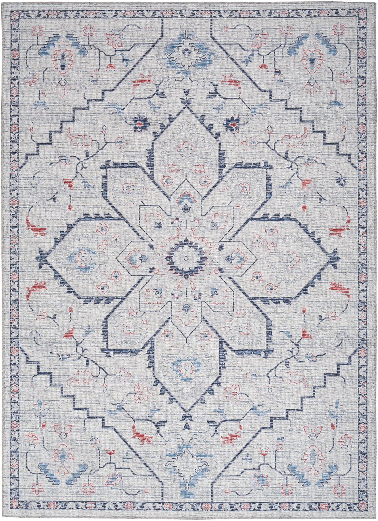 Light blue-gray oriental rug with a navy central medallion, subtle red and blue floral accents, and an intricate blue border, 5' x 7'.
