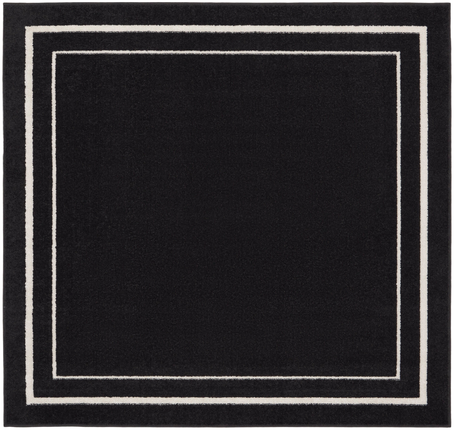 Black square rug with white nested square borders along the edge, modern minimalist geometric design.