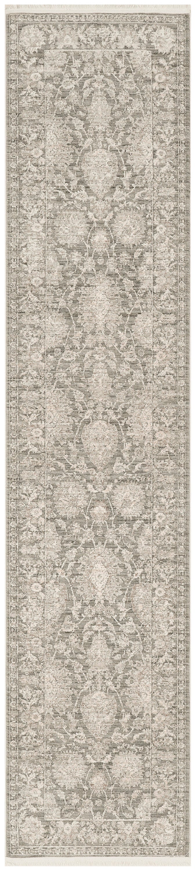 Neutral distressed Persian-style runner rug in beige and gray with floral medallions and decorative border.