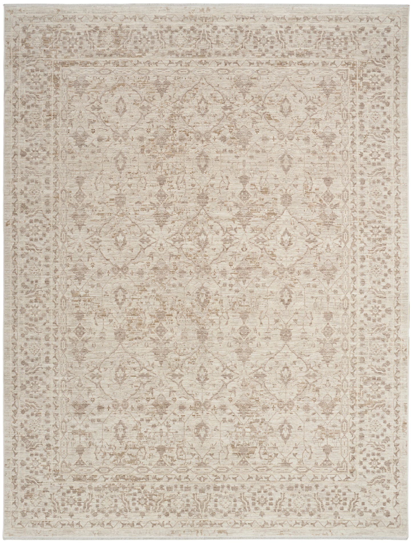 Soft cream-beige Persian-inspired area rug with faded taupe floral lattice pattern and layered border.