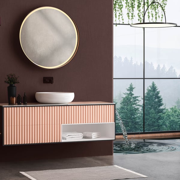 Rose-pink ribbed wallpaper with a subtle texture.