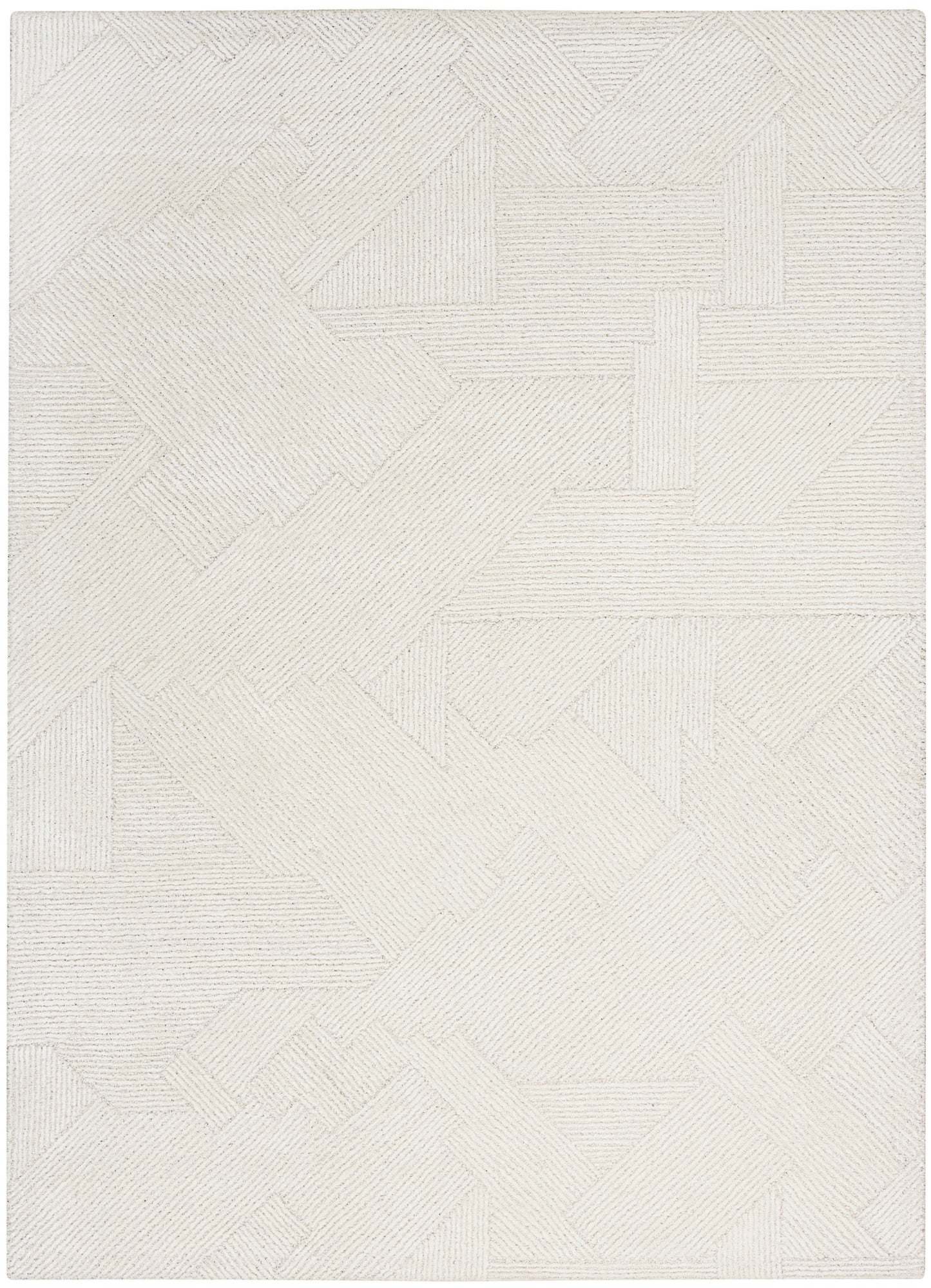 Cream-colored area rug with a geometric patchwork of striped rectangles and subtle texture.