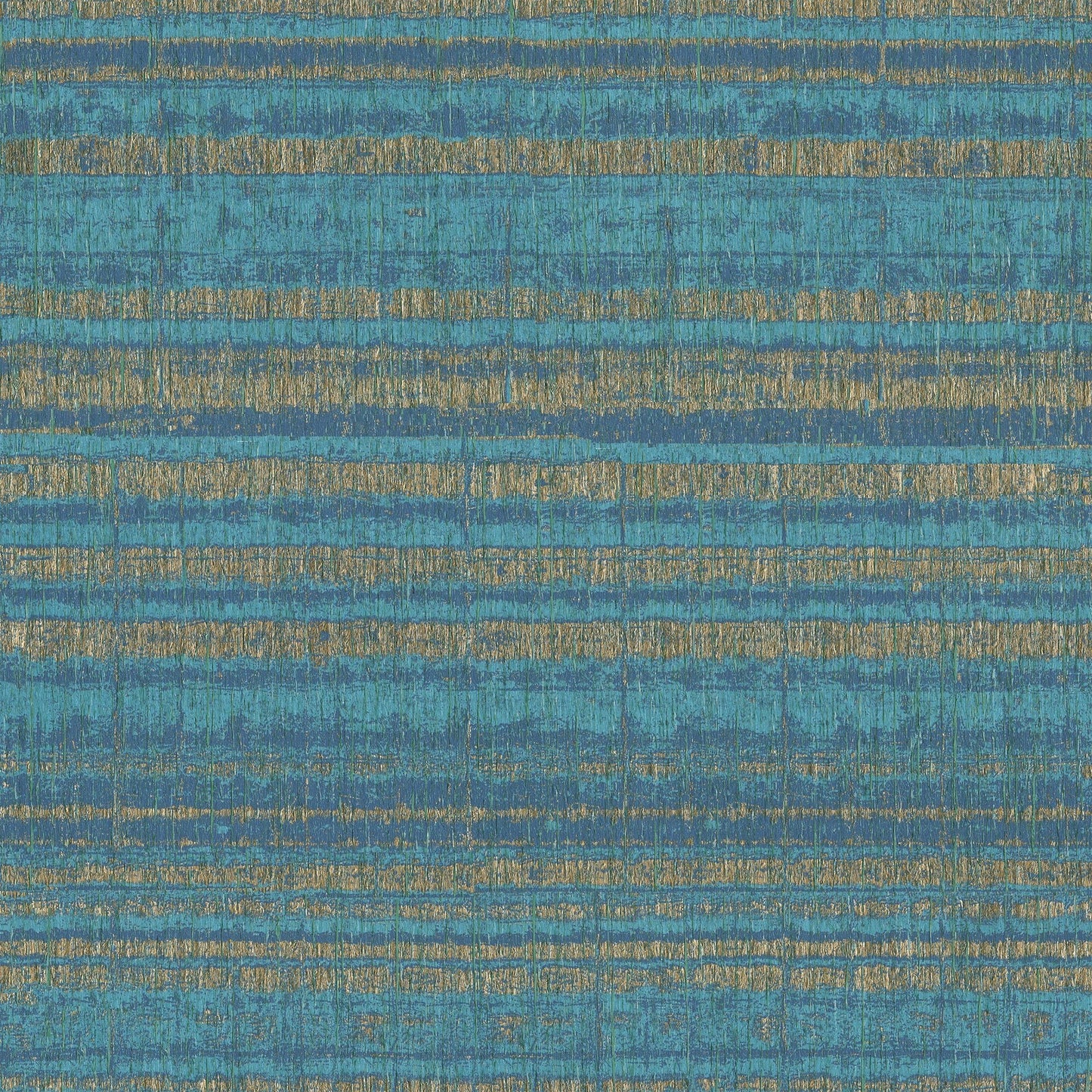 Teal blue & gold striped wallpaper with a textured, abstract brushstroke pattern.