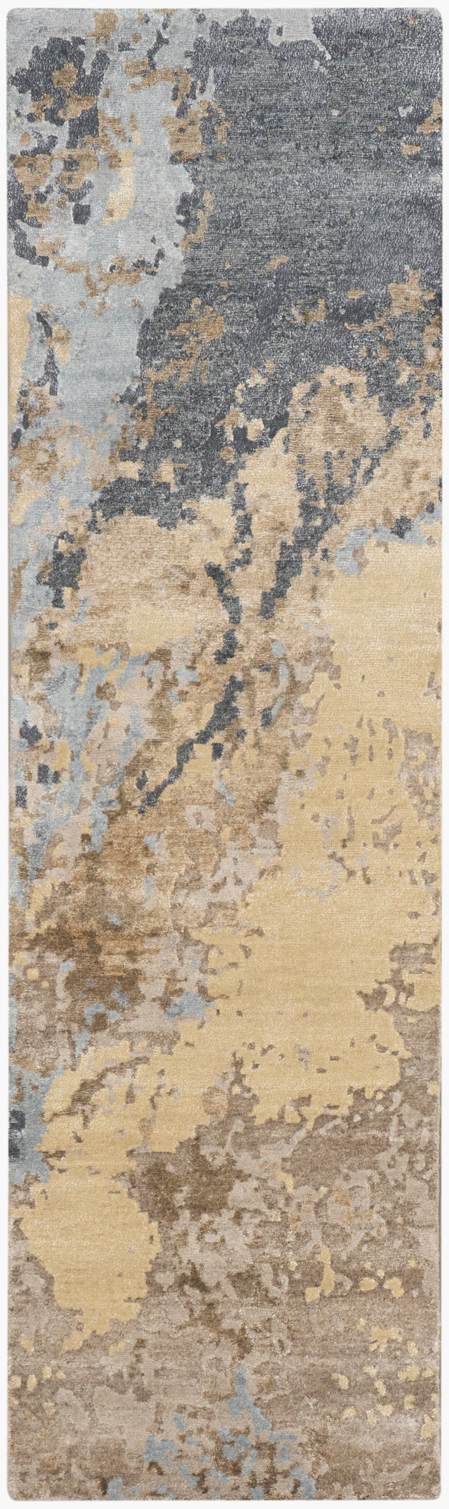 Long abstract distressed runner rug in blue, gray, beige and tan tones with a modern contemporary pattern.