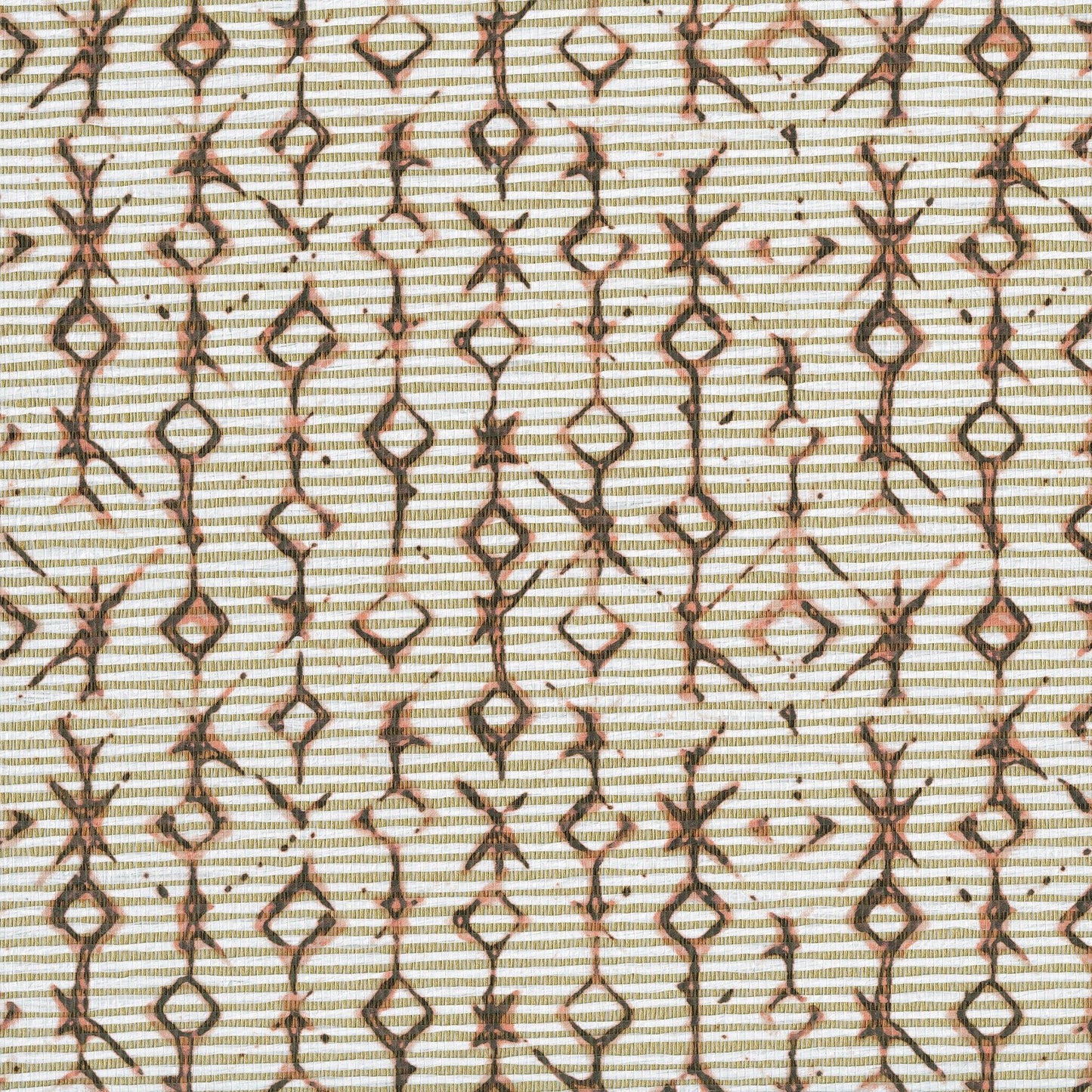 Beige fabric with brown geometric diamonds connected by lines and subtle horizontal stripes; tribal-inspired textile.