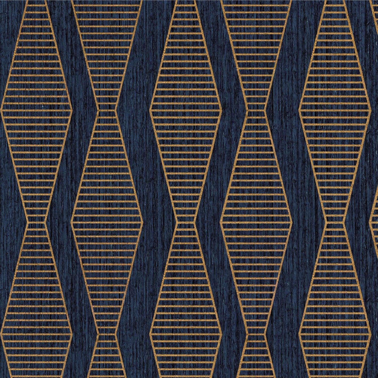 Navy blue textured wallpaper with gold geometric diamonds made of thin horizontal lines; modern pattern.
