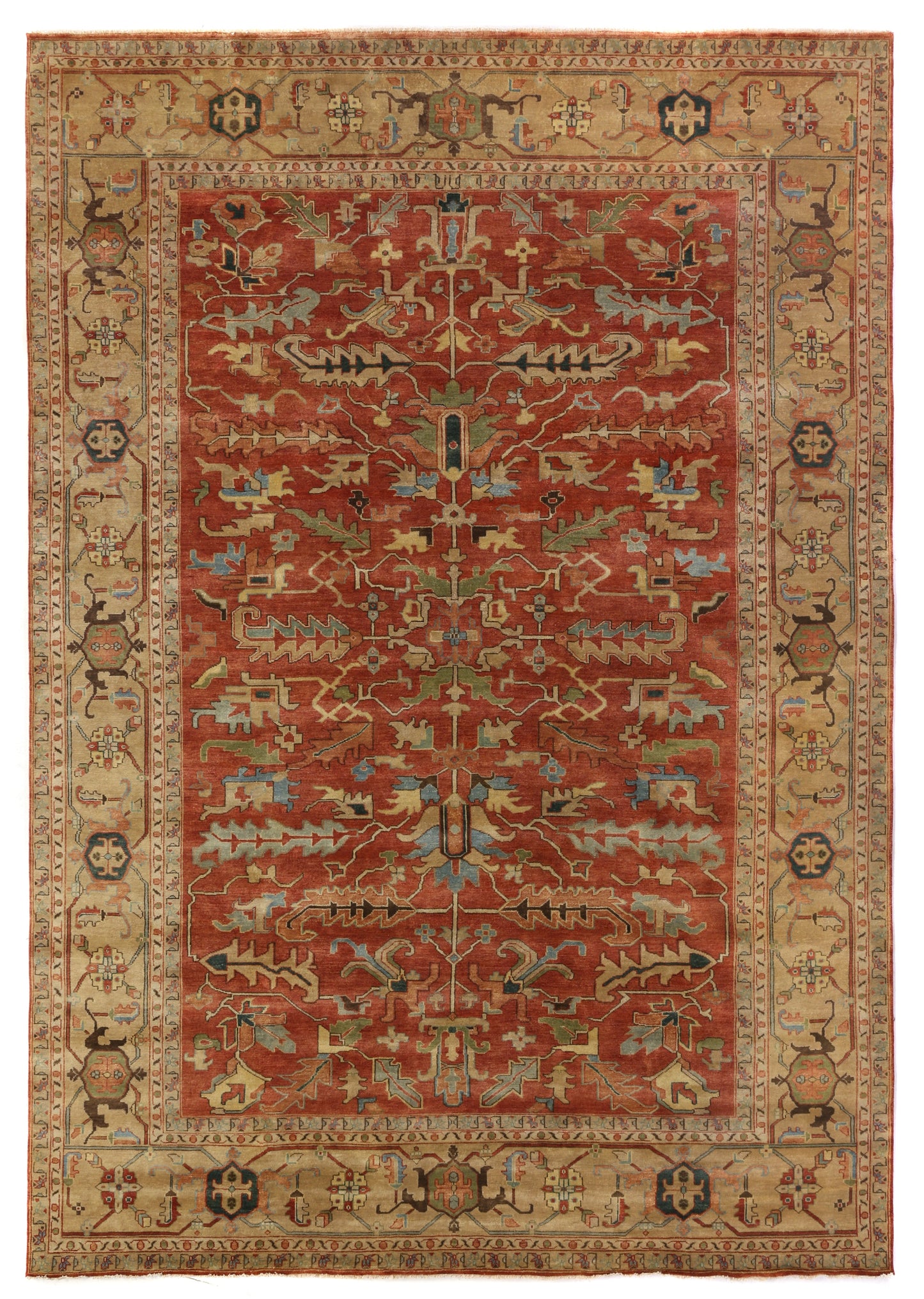 Red and beige ornate rug with intricate geometric patterns and stylized floral designs, ideal for adding warmth to any space.
