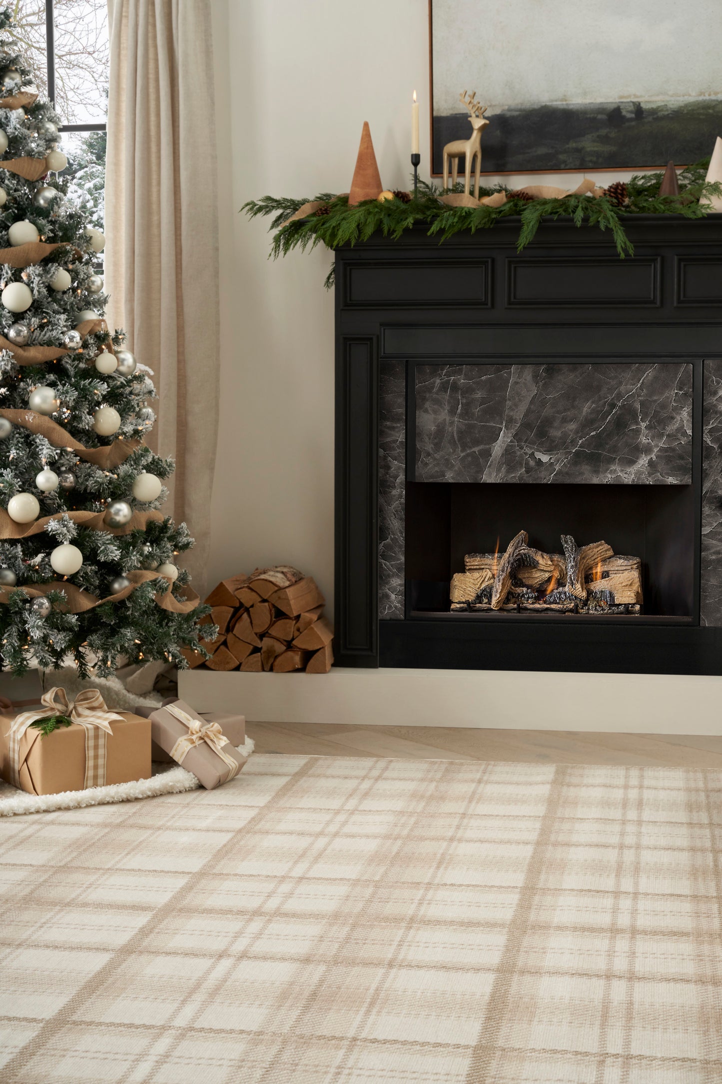 Cozy living room with a farmhouse-style rug 8' x 10' on the floor.