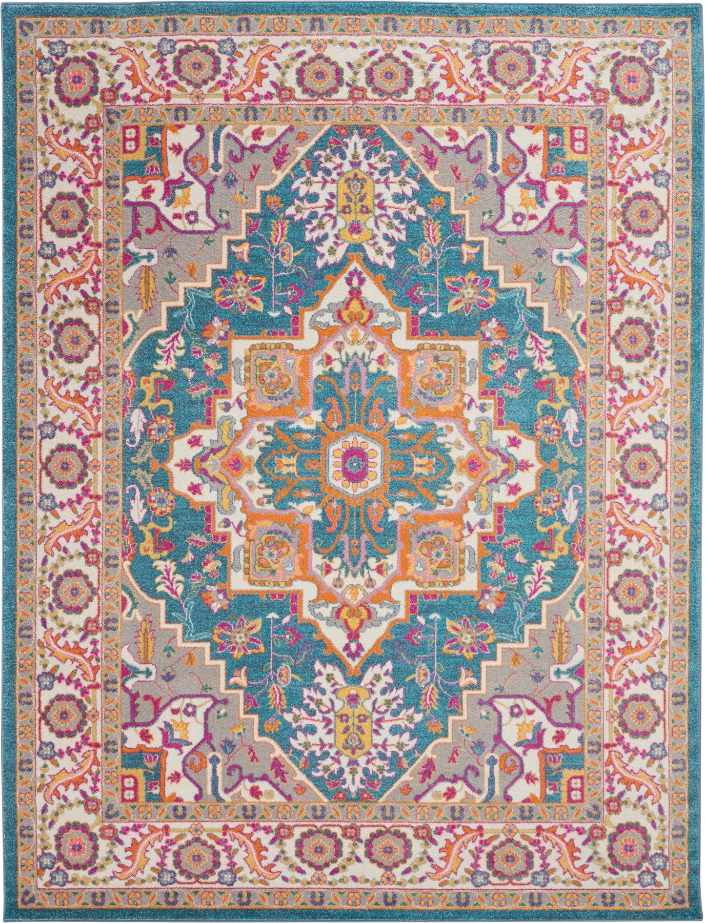 Bohemian-inspired area rug with teal central field, peach accents, and intricate floral medallion and border.