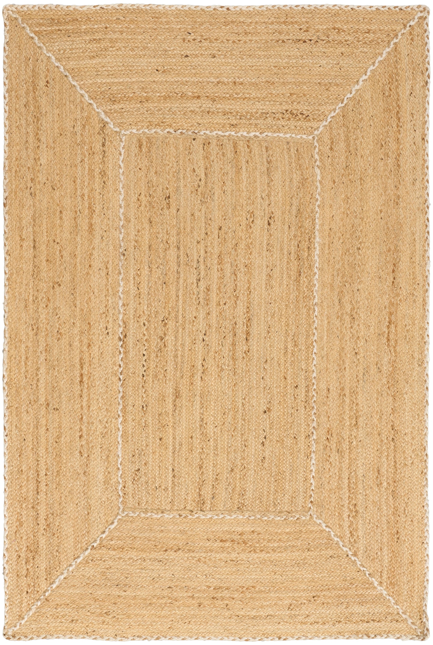 Beige natural jute rug with white stitched rectangular frame; rectangular, textured, casual coastal style.