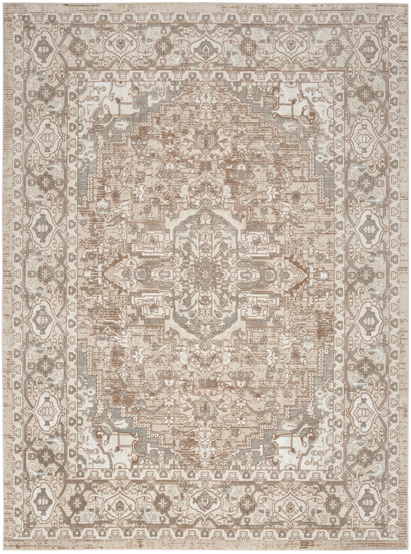 Distressed beige-brown oriental rug with a centered medallion, ornate floral border, vintage-style area rug for living rooms.