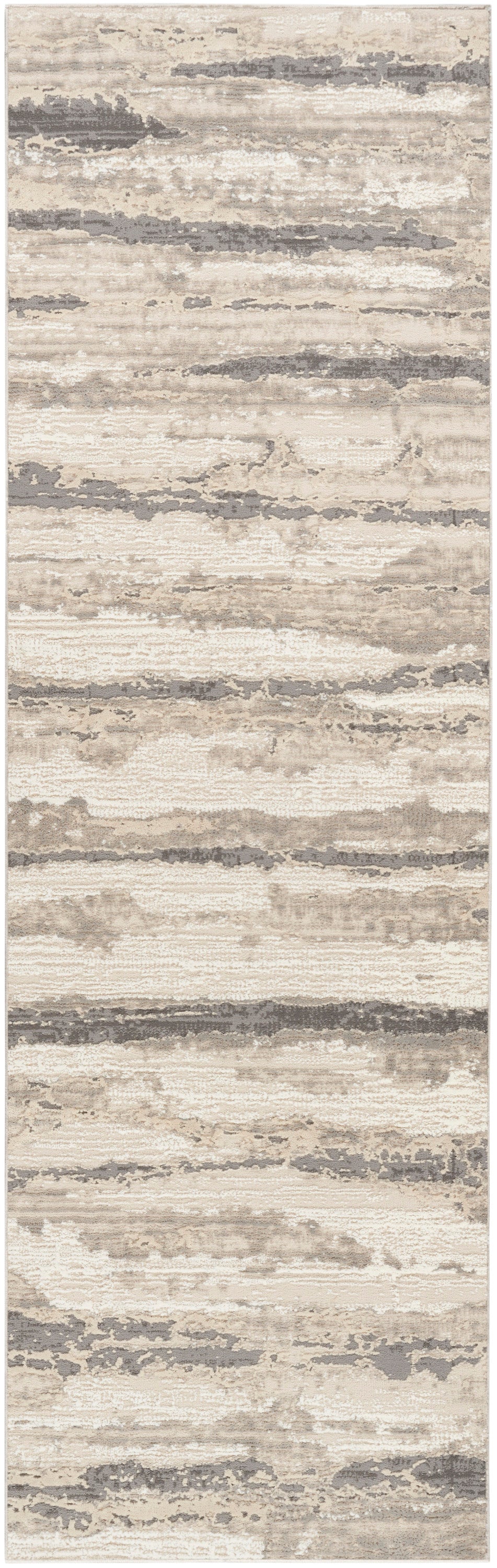 Modern abstract beige and gray distressed runner rug with irregular horizontal bands.