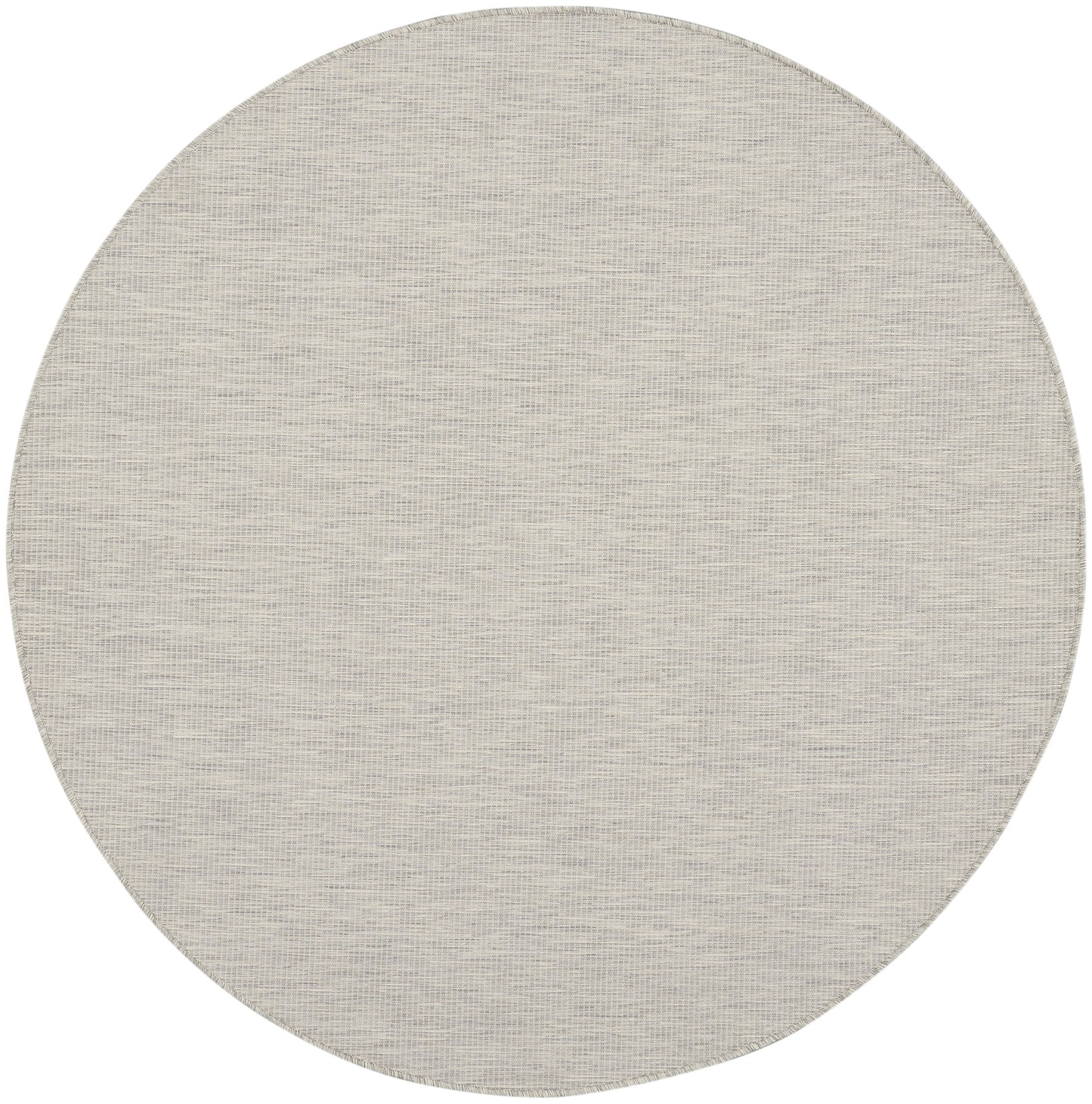 Round beige-gray woven rug with subtle textured weave.