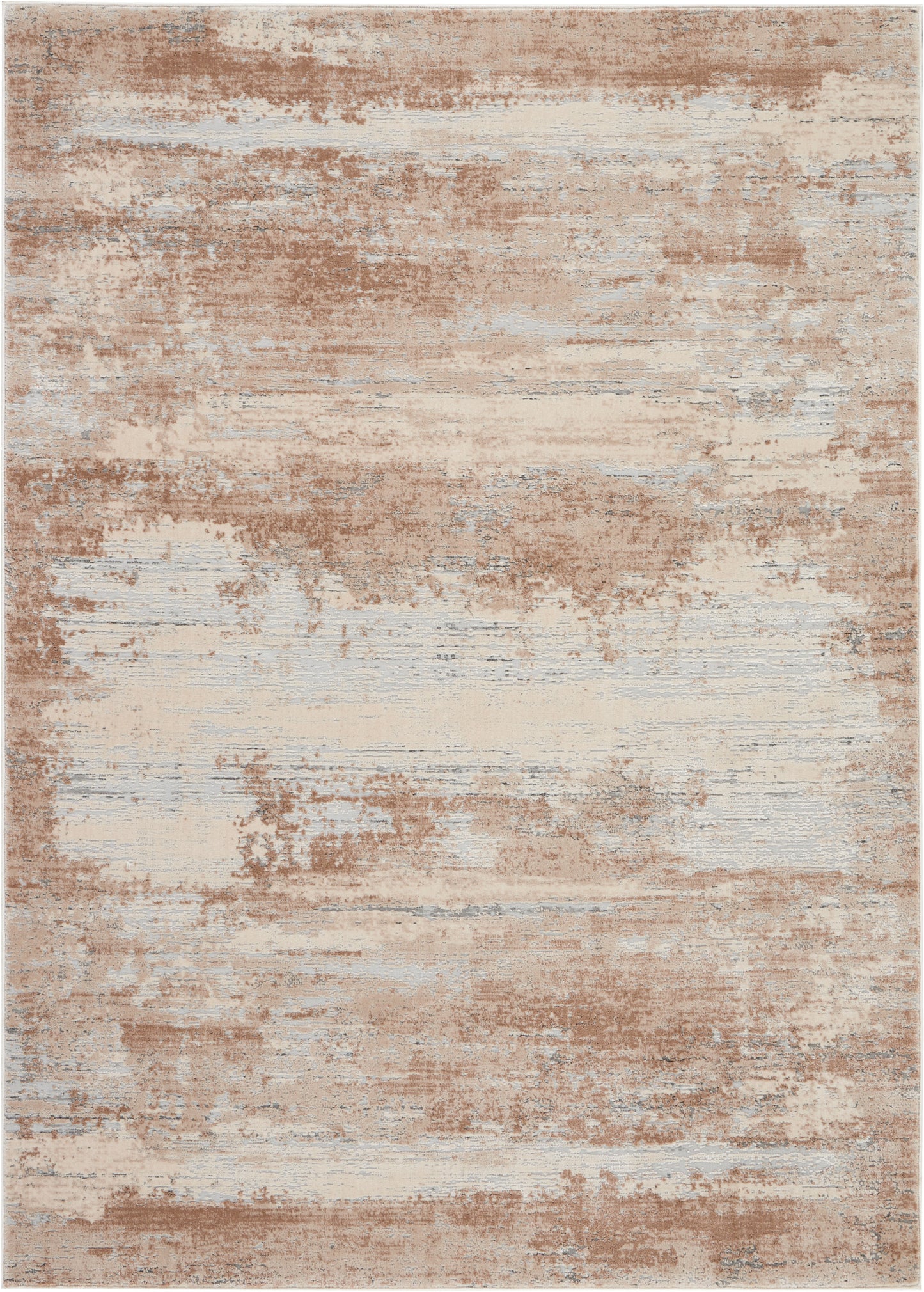 Abstract distressed beige rug with rust, taupe and pale blue-gray brushstrokes in a modern rectangular design.