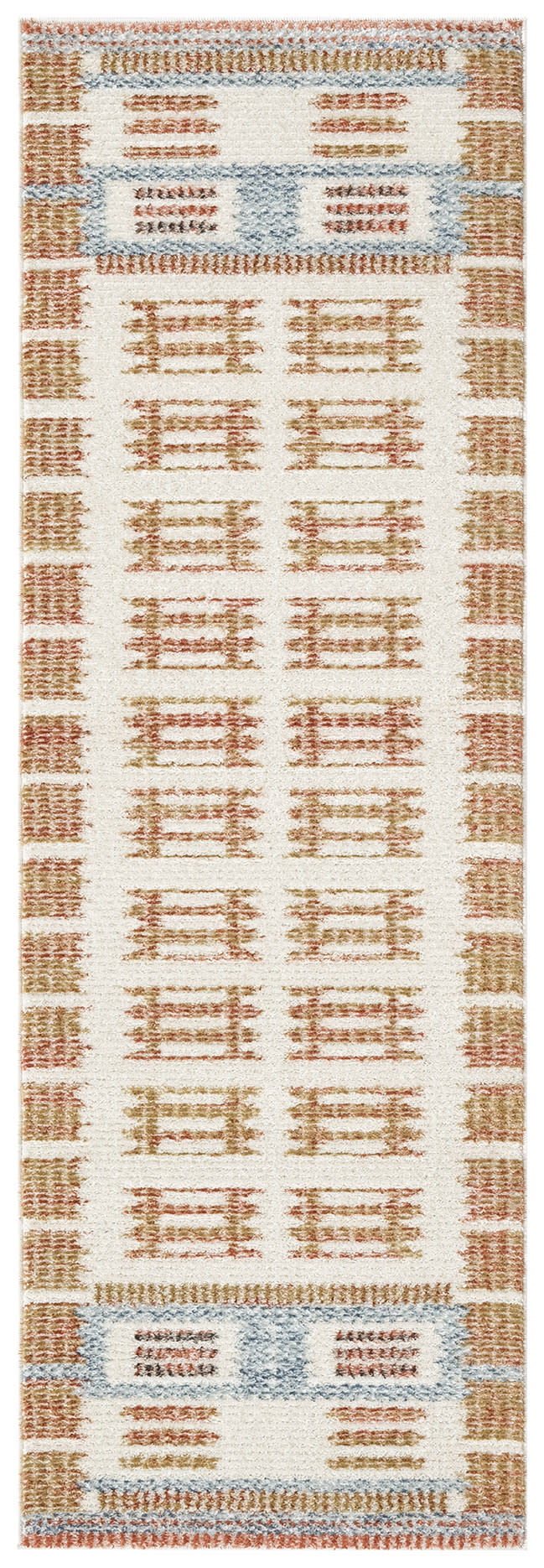 Cream rug runner with orange geometric lattice blocks and blue border accents; woven textured decor.