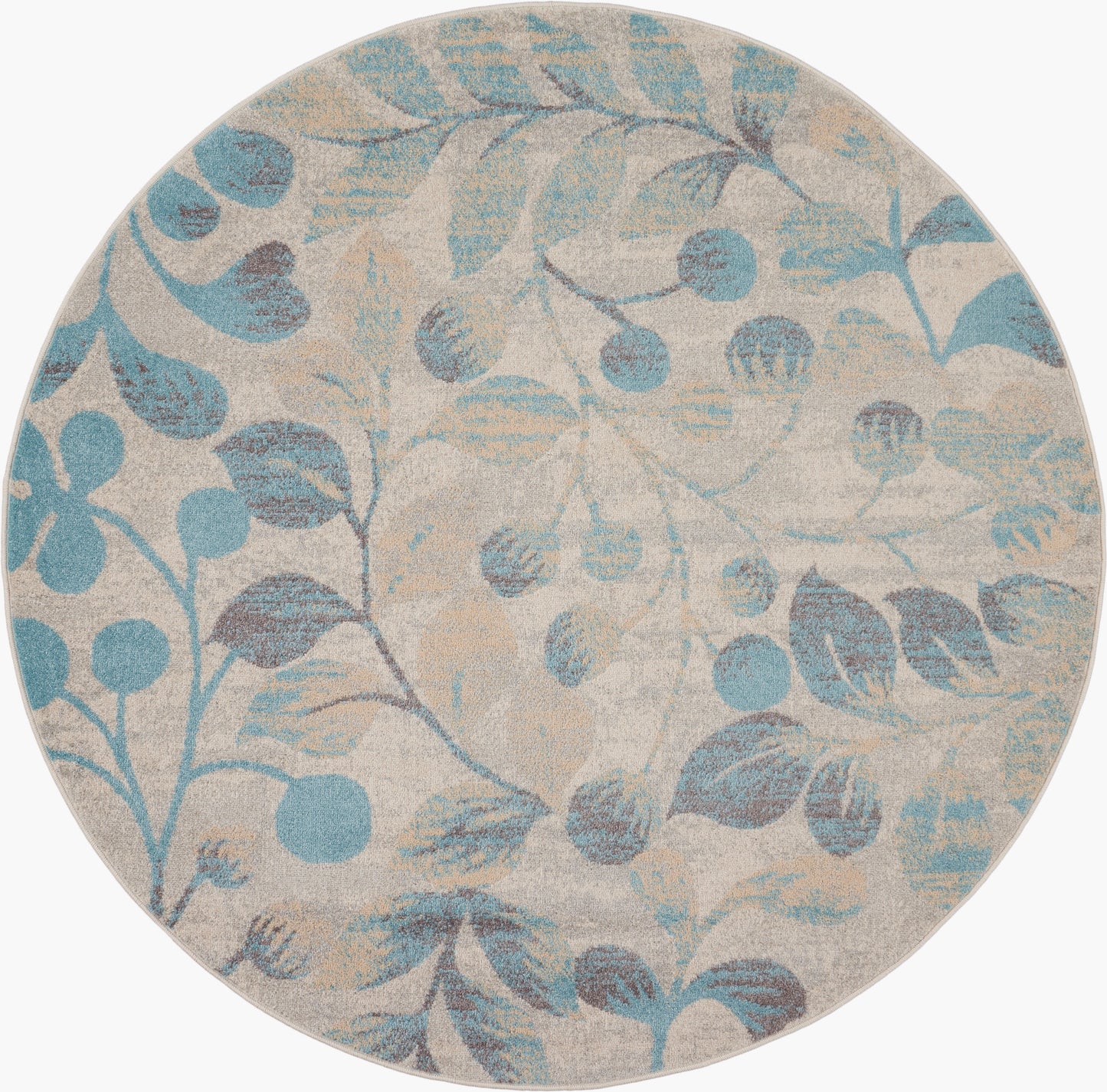 Round rug featuring teal-blue botanical leaves & berries on a pale beige background.