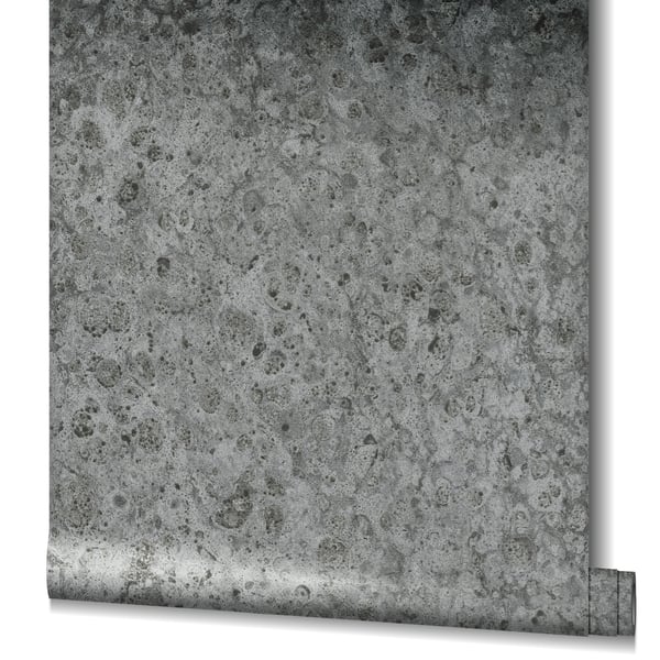 Grey speckled concrete texture on a rolled sheet, wallcovering.