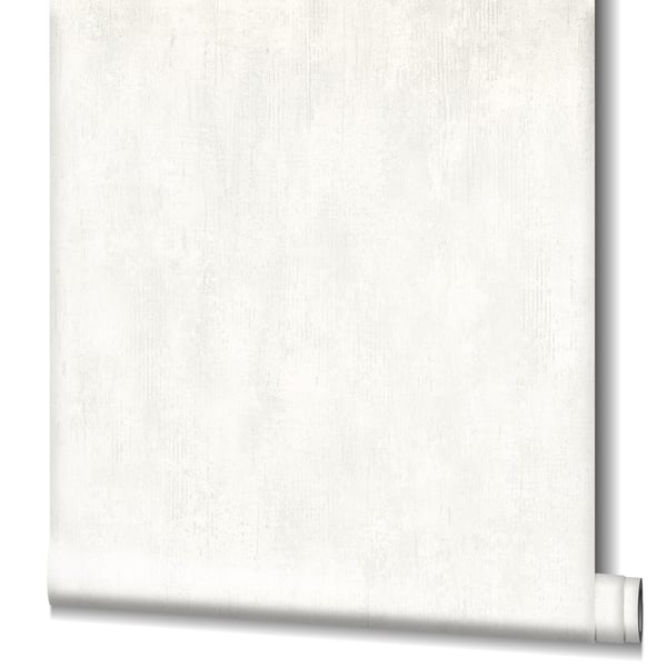 White textured wallpaper roll with subtle linen grain, slightly unrolled at bottom-right.