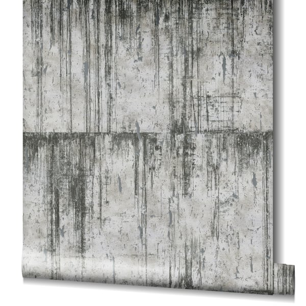 Wallpaper roll with concrete texture, silver-grey tones and black vertical drips on a distressed industrial backdrop.