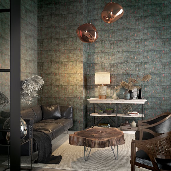 Black textured wallpaper in a living room with copper pendant lights, gray sofa, live-edge wood coffee table, and woven chair.