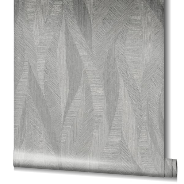 Silver-gray metallic wallpaper roll with geometric leaf pattern, brushed texture and rolled edge for contemporary home decor.