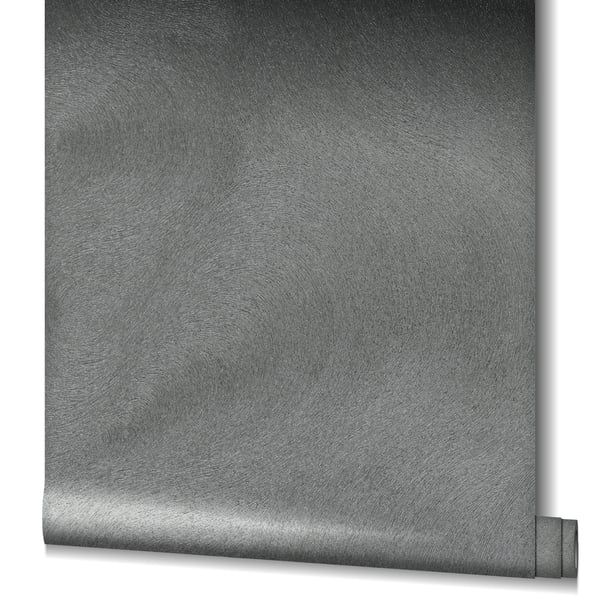 Gray wallpaper with brushed texture and circular swirl pattern, featuring a small rolled-edge detail.