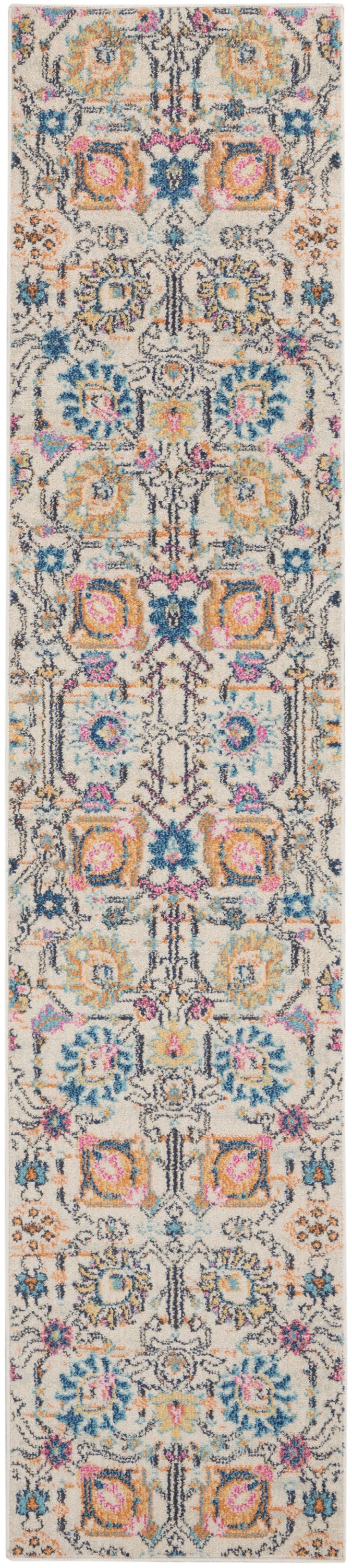 Colorful Persian-style runner rug with intricate floral medallions in blue, pink, teal, and orange on cream.