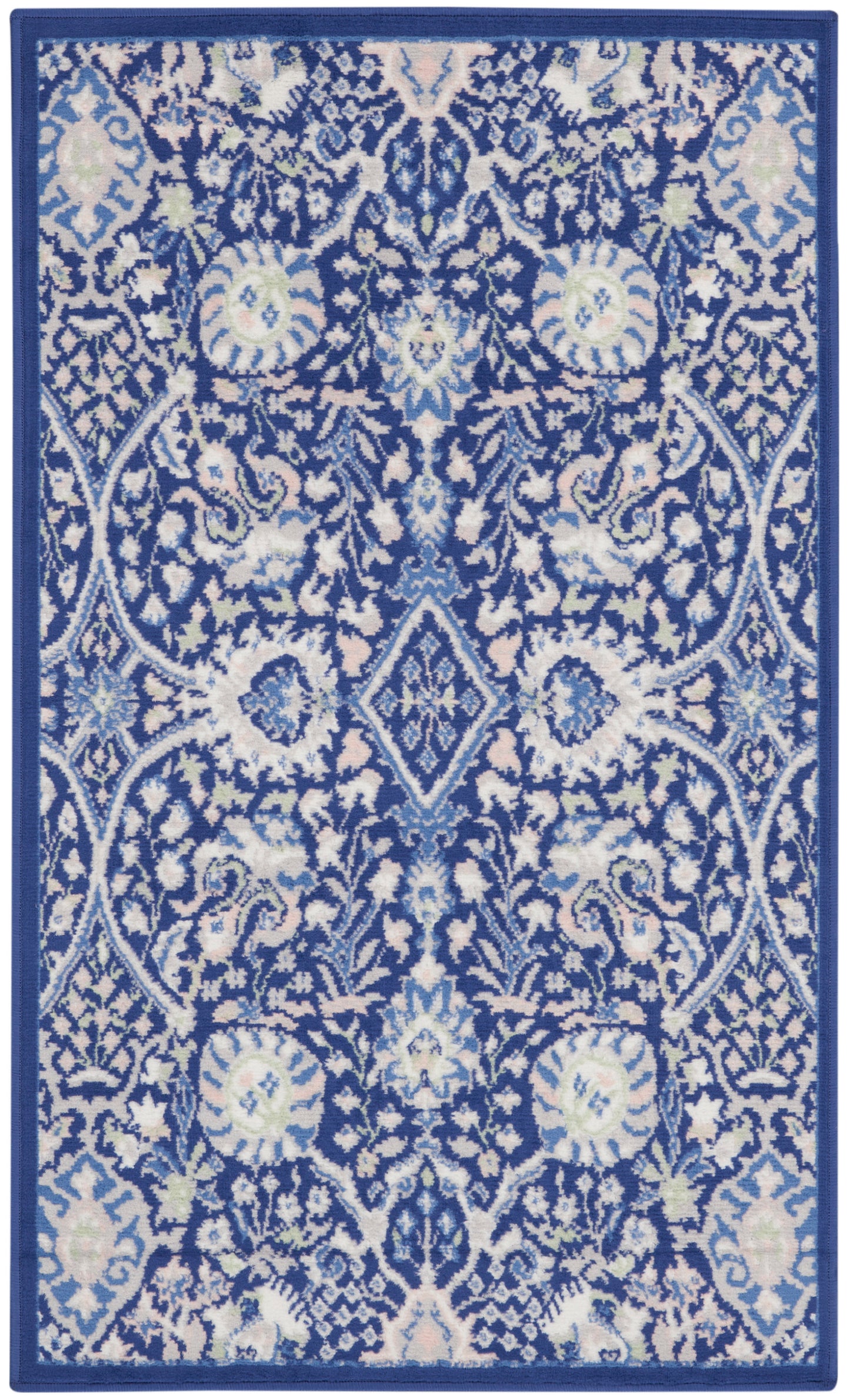 Blue and white ornate rug with damask floral motifs, central diamond medallion, bordered frame, decorative woven rug