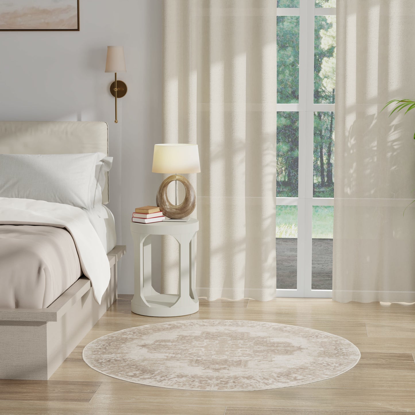 Neutral-toned bedroom with white bed, round wooden lamp base on nightstand, beige rug, sheer curtains.