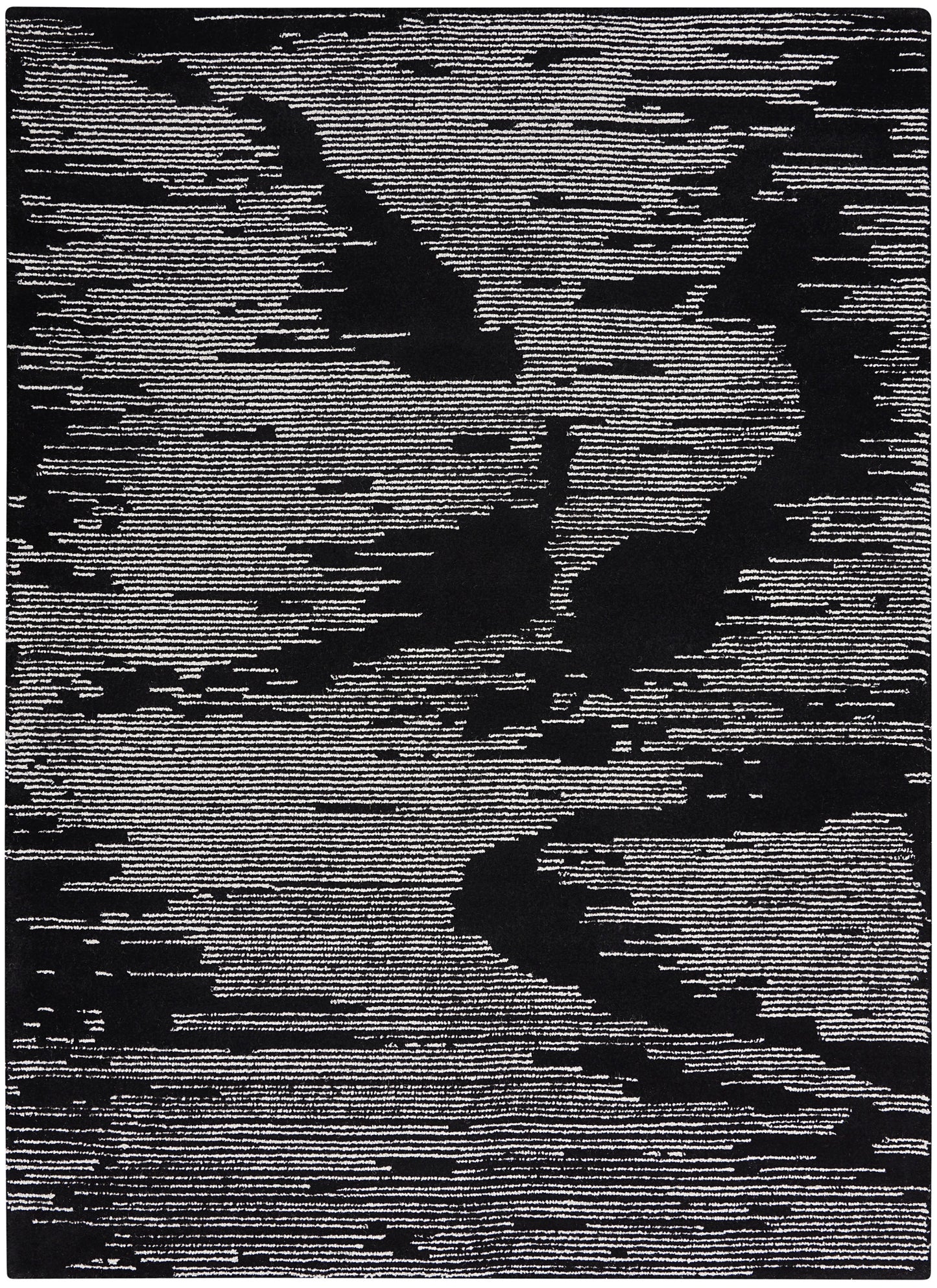 Rectangular black-and-white abstract rug with horizontal line texture and cloud-shaped blocks, modern geometric style