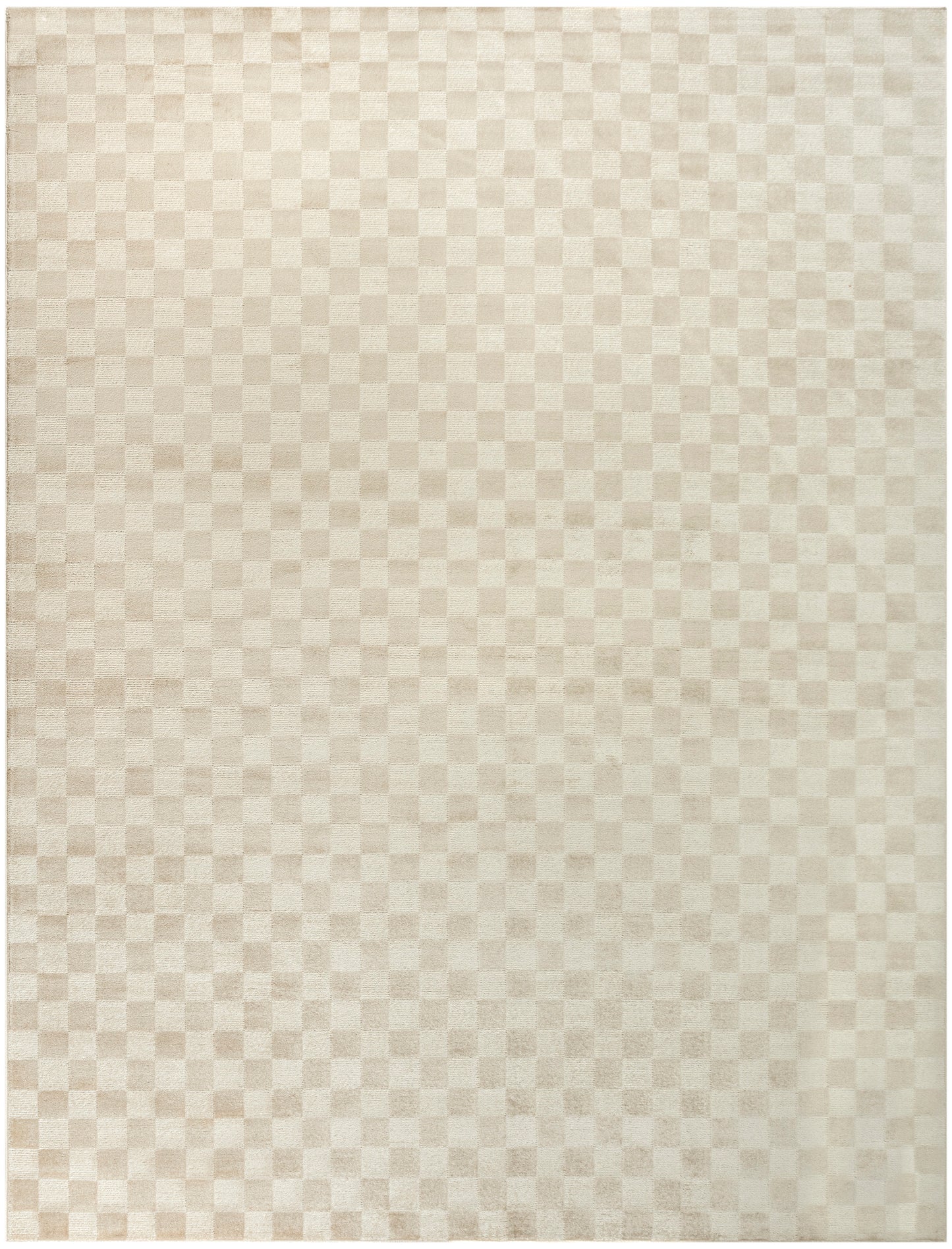 Beige and cream checkerboard rug with subtle woven texture in a rectangular, neutral-toned design.