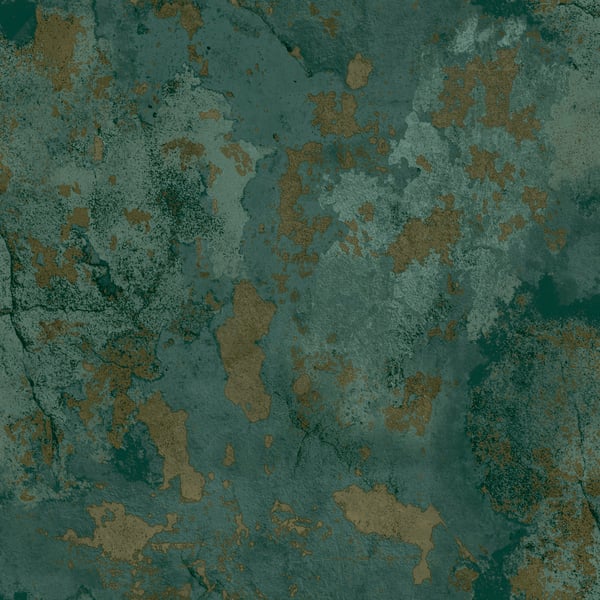 Teal-green patina with brown rust patches on a weathered metal/wall surface.