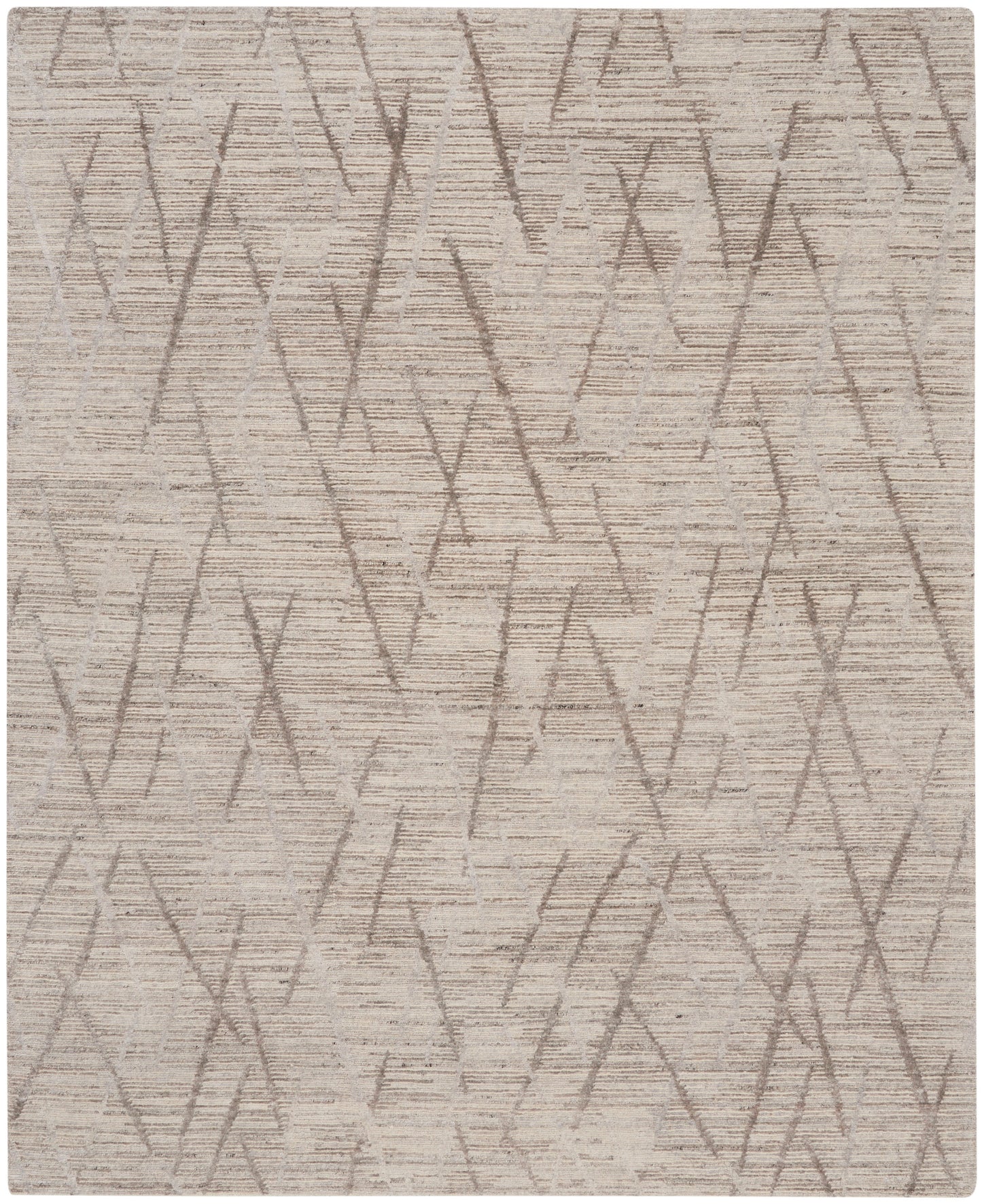 Beige area rug with textured surface and taupe diagonal lines forming abstract geometric X pattern.