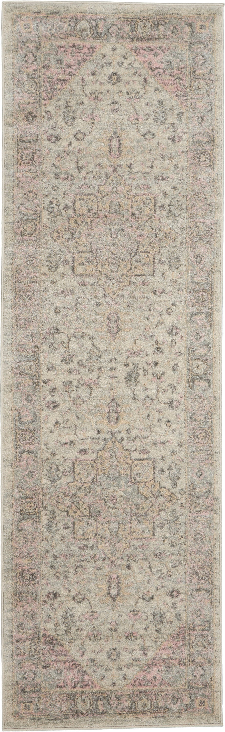 Vintage-inspired beige runner rug with faded pink, sage and blue motifs; traditional Persian/Oriental style, hallway decor.
