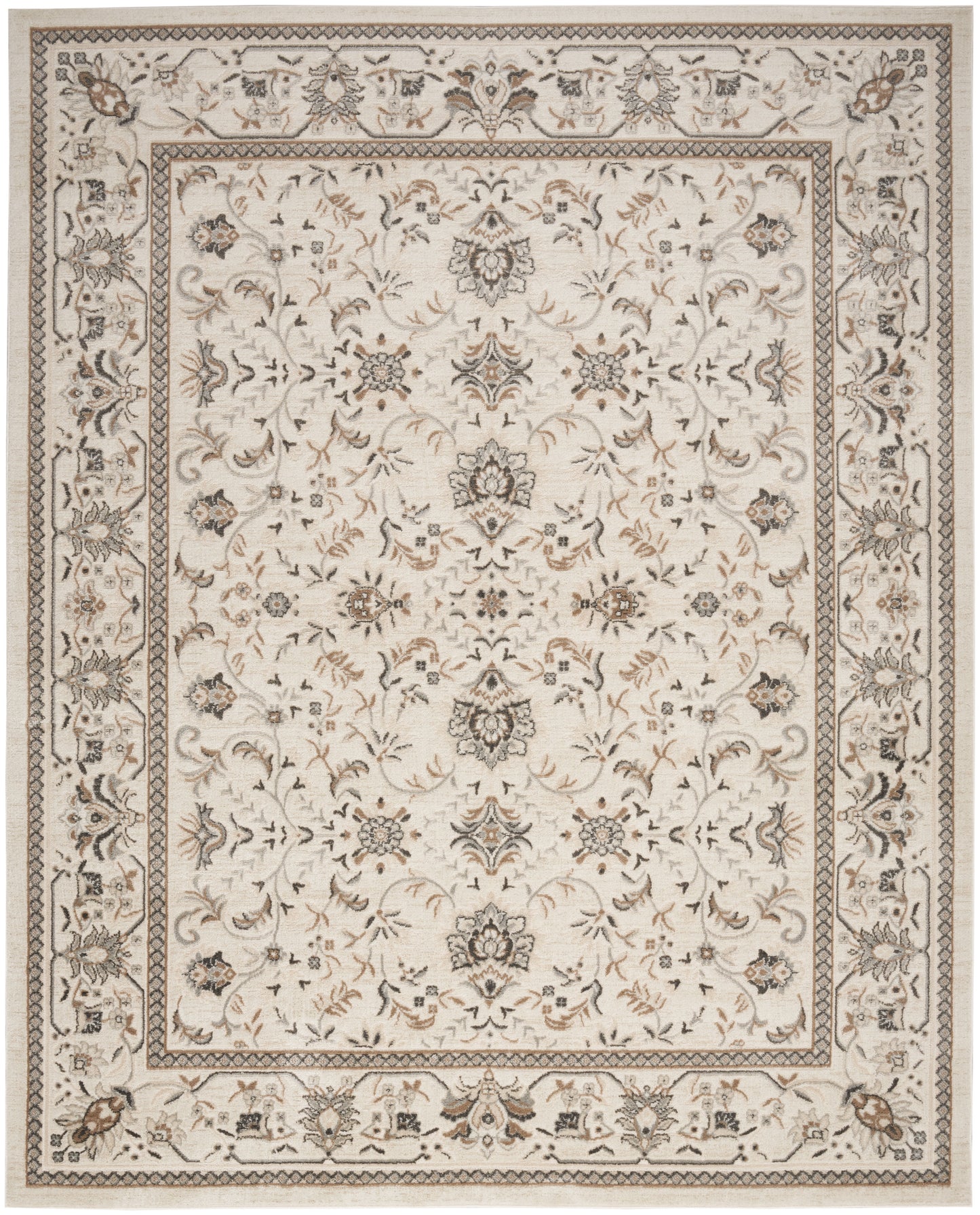 Ornate traditional area rug with cream field, taupe-brown floral motifs, and decorative multi-border design.