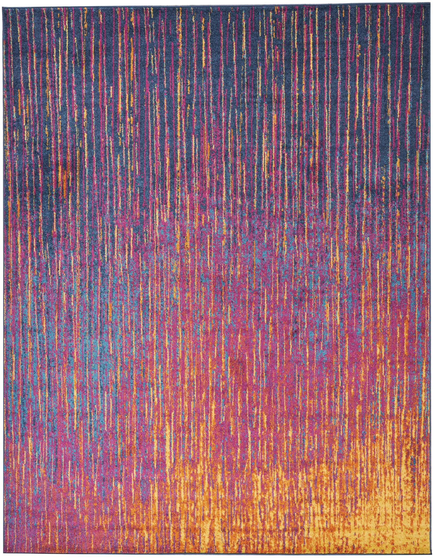 Abstract multicolor rug with vertical streaks of blue, purple, pink, teal and gold; cool-to-warm gradient from top to bottom.