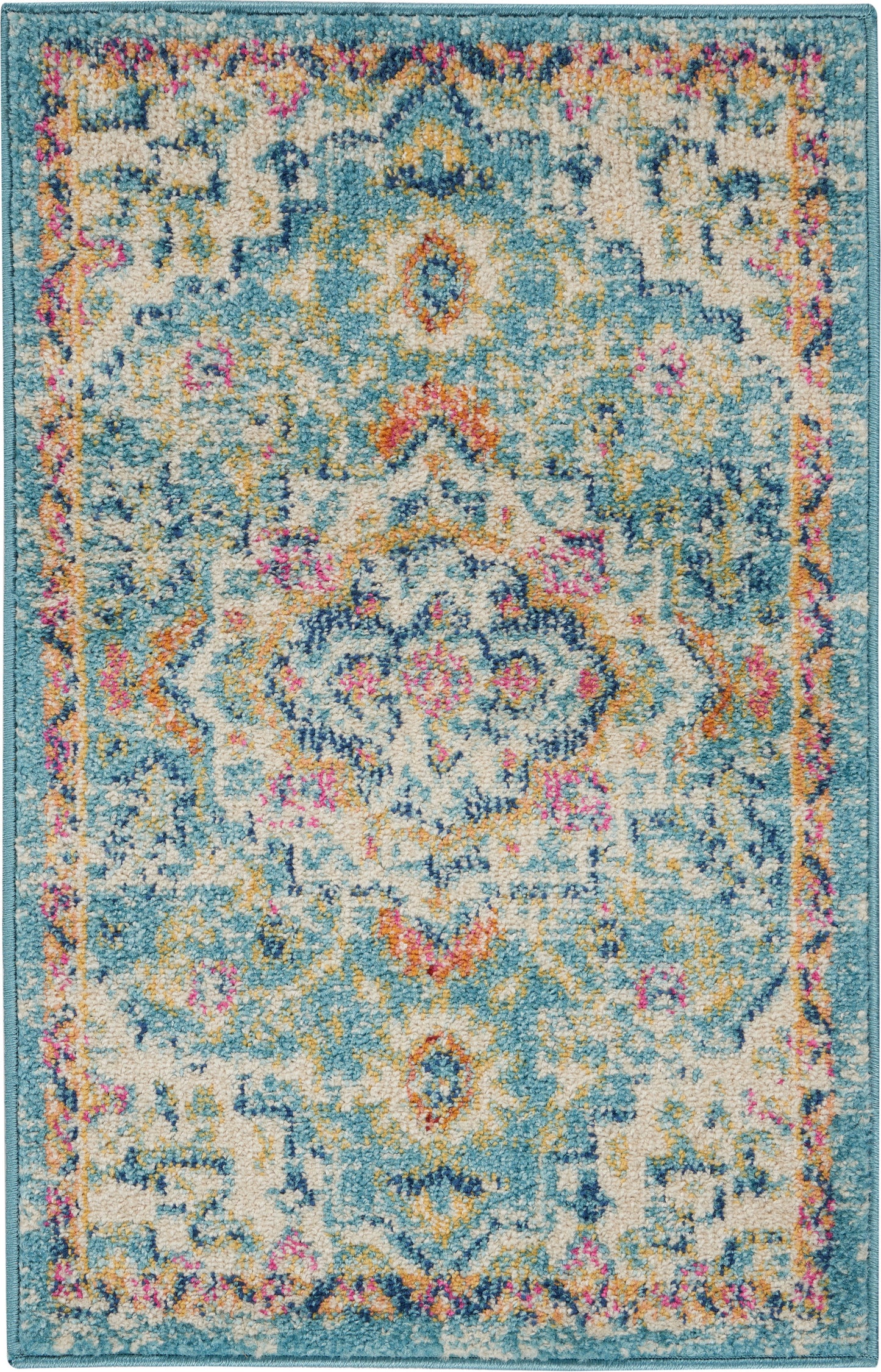 Teal-bordered ivory oriental rug with central medallion and multicolored floral motifs.