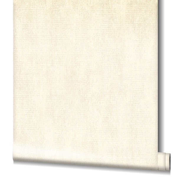 Beige linen-textured wallpaper roll with rolled bottom edge; natural cream color.